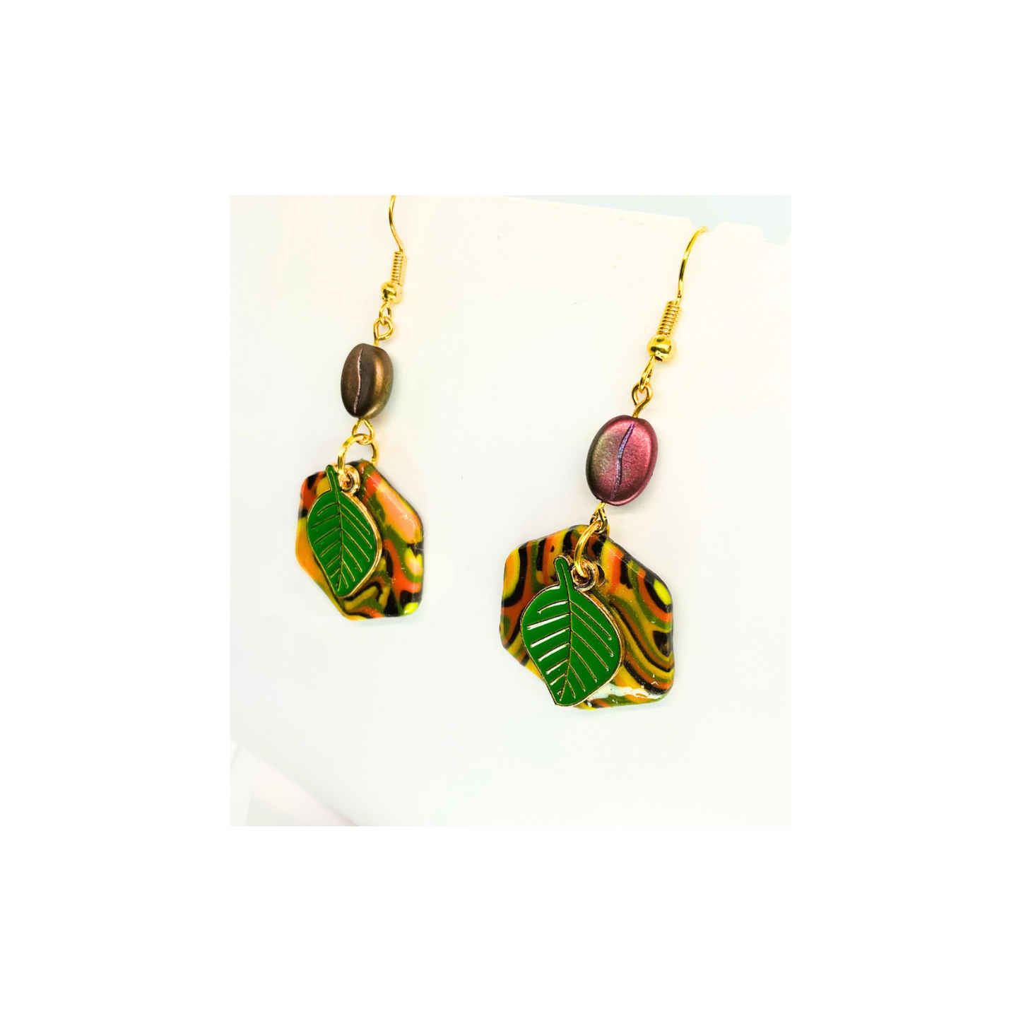 Fall Collection Deep Green Leaf Charm Dangle Earrings with Colorful Hexagon Design and Gold Hooks