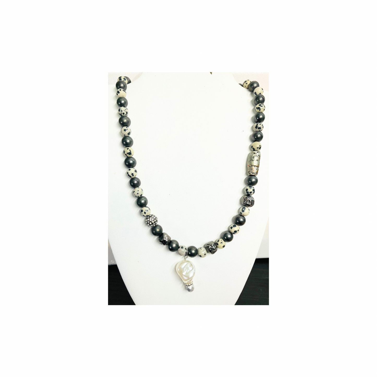 Dark Gray & Pewter Beaded 18-Inch Necklace with Pearl Drop and  Silver Toggle Fastener for Versatile Wear