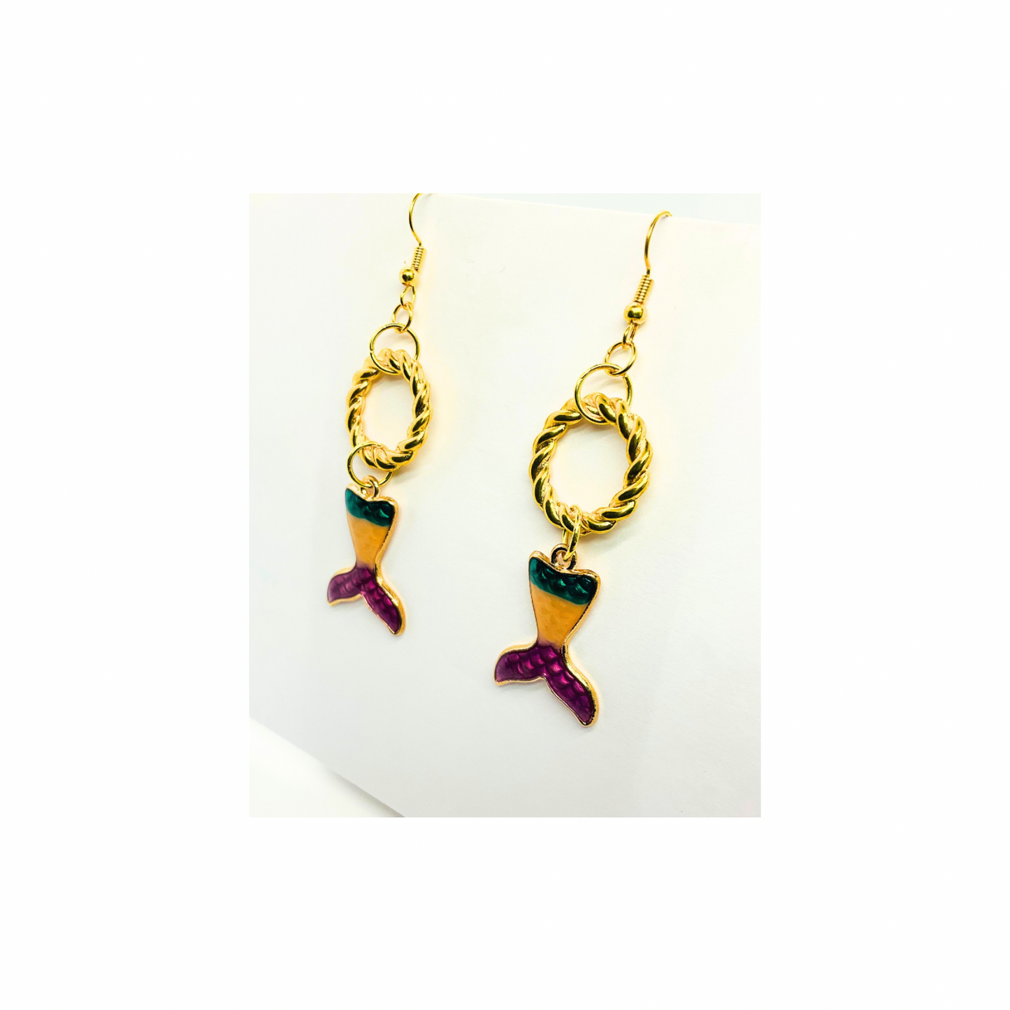 Mermaid Collection Bright Tail with Gold Dangle Earring - Colorful Mermaid Design & Gold Woven Loop Charm