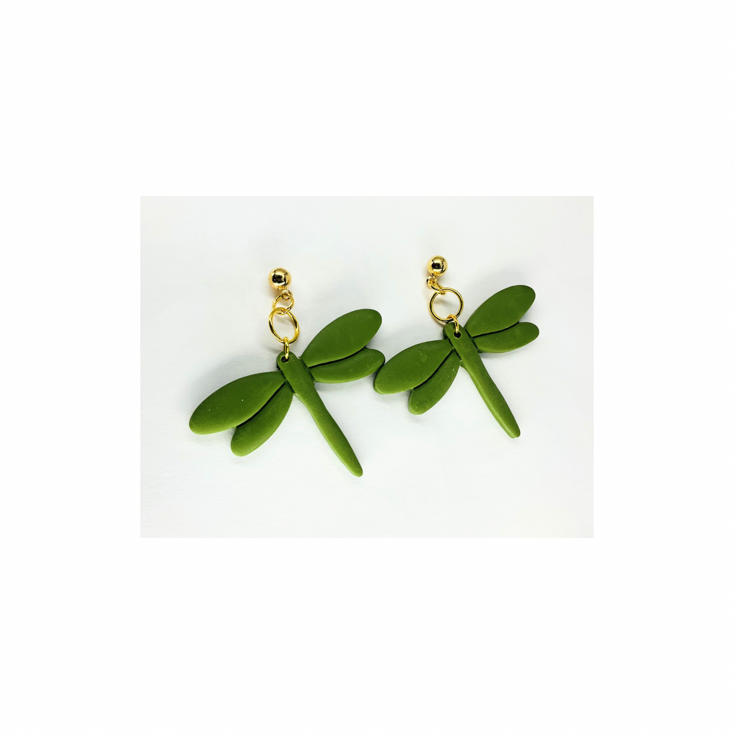 Olive Green Dragonfly Dangle with Gold Ball Stud Earrings-Crafting By BB