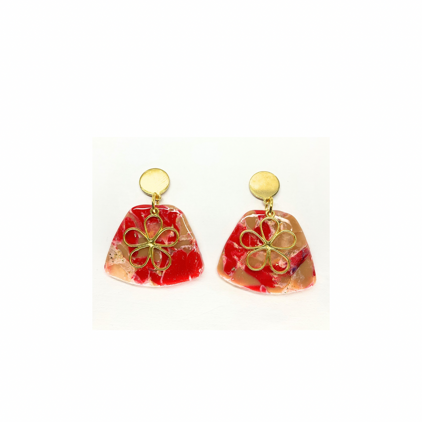 Red and Tan Dangle with Gold Charm and Gold Button Stud Earrings-Crafting By BB