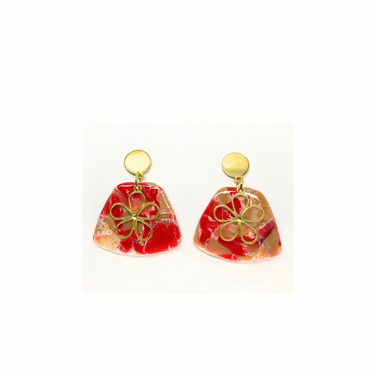 Red and Tan Dangle with Gold Charm and Gold Button Stud Earrings-Crafting By BB