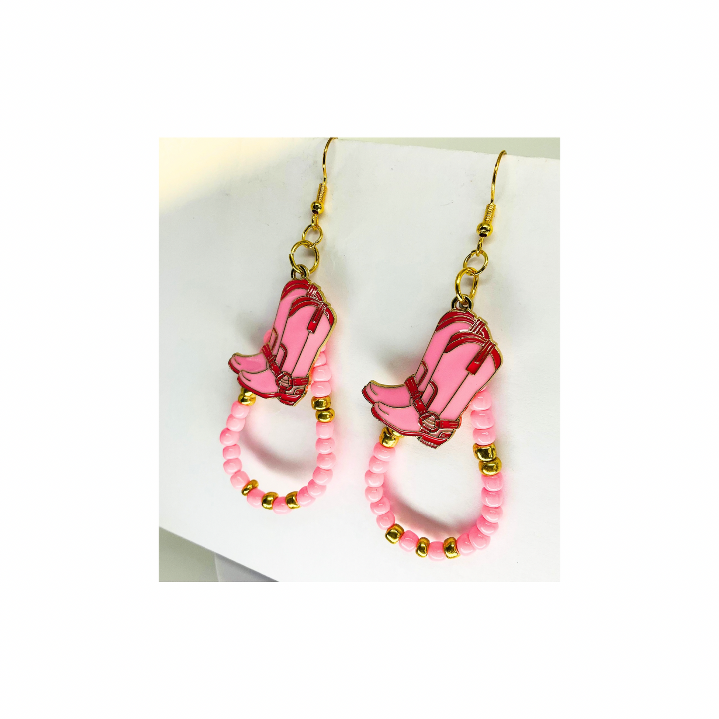 Pink Beaded Teardrop Dangle with Pink Boot Charm Earrings