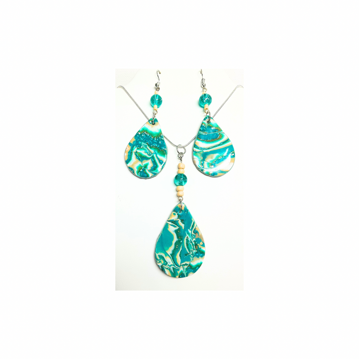 Faux Oyster Turquoise Necklace & Earring Set - Handmade with Polymer Clay & Beading, Unique Design