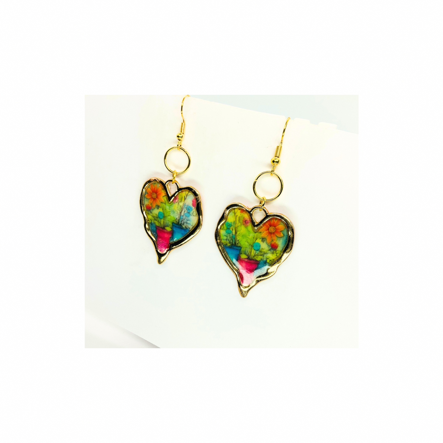 French Garden Collection Gold Heart Dangle Earrings with Vibrant Multicolor Design and Gold Tone Hooks
