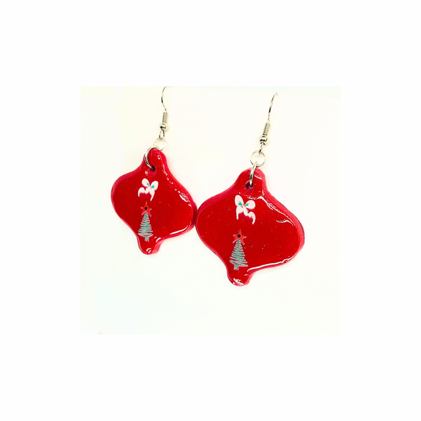 Christmas in July Collection Red Ornament with Tree Embellishment Dangle Earrings Festive Design