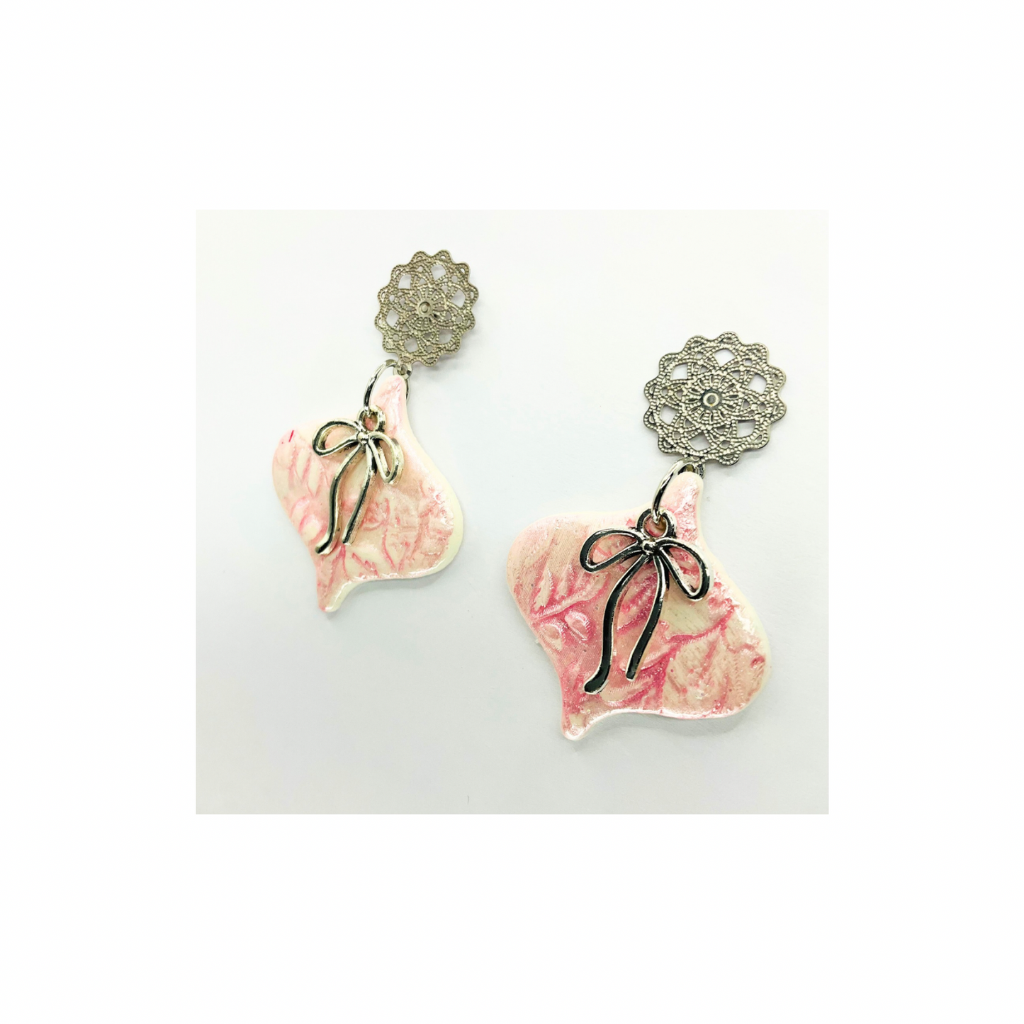 White and Pink Ornament with Filigree Silver Stud Dangle Earring for Elegant and Versatile Styling