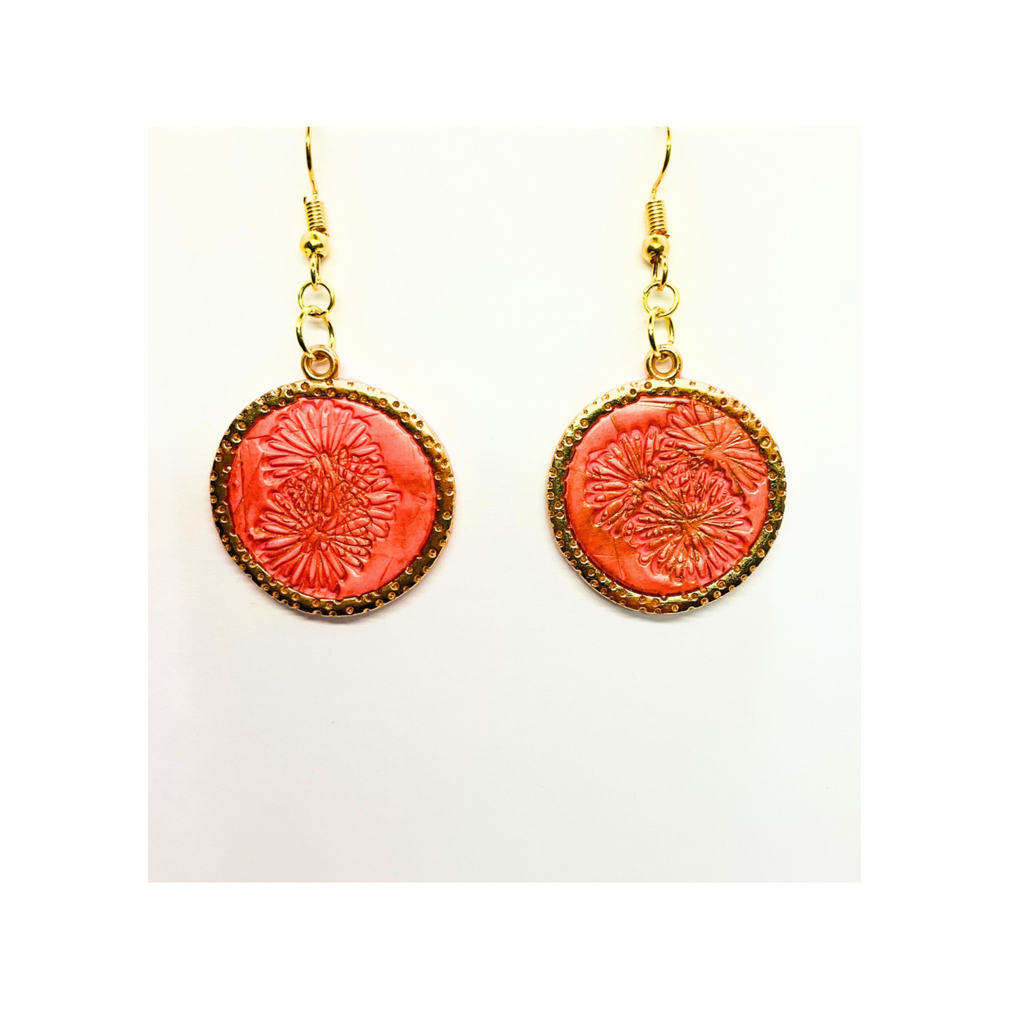 Coral Pink and Gold Round Dangle Earrings