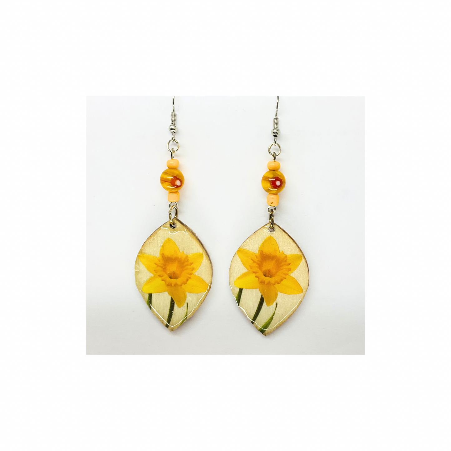 Yellow Flower Wood Dangle with Bead Embellishment Earrings-Crafting By BB