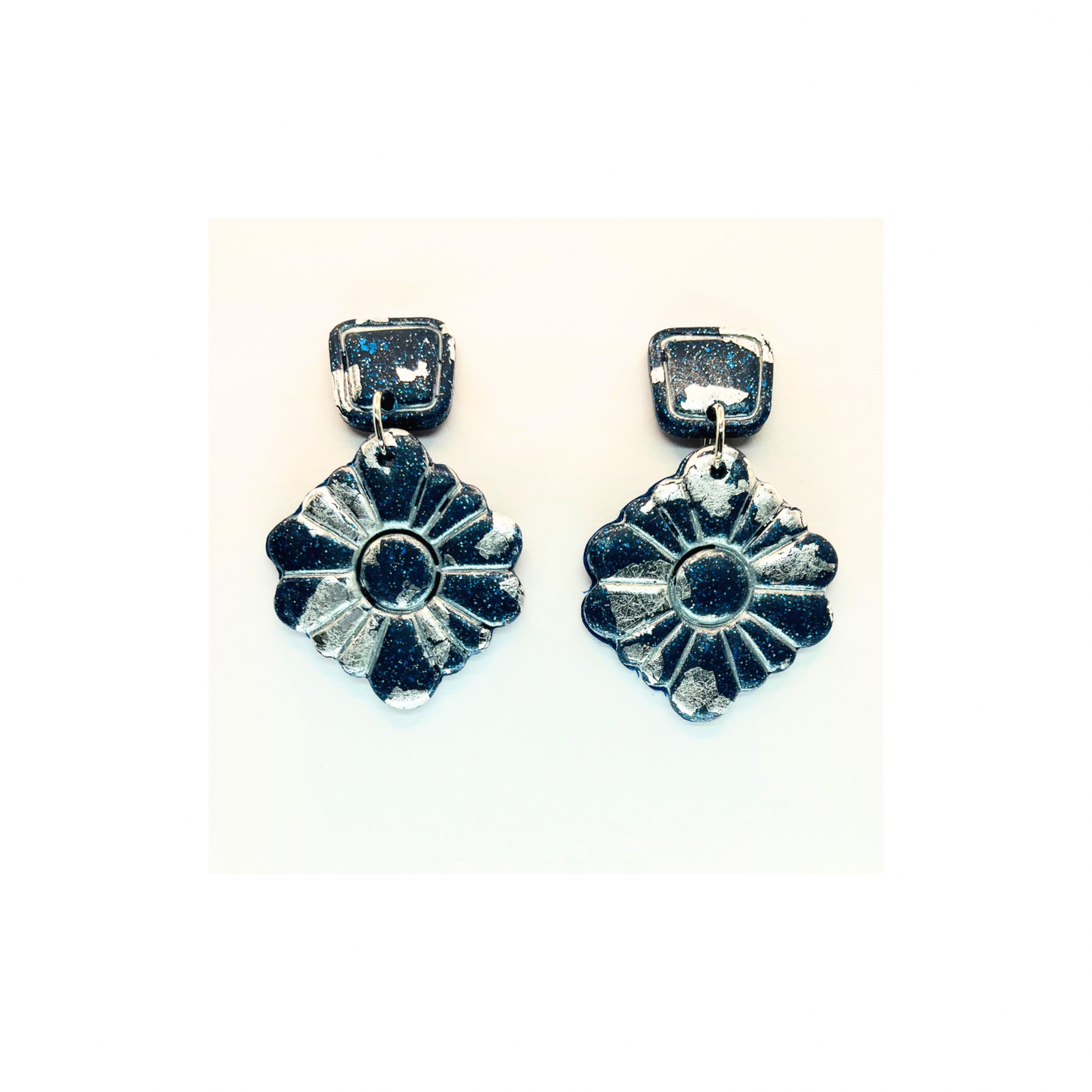Navy and Silver Sparkle Dangle with Square Stud Earrings