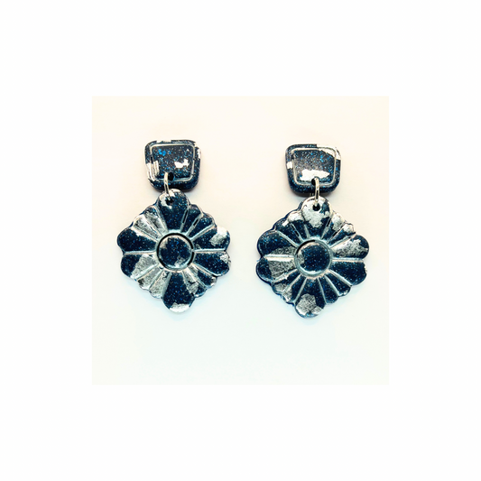 Navy and Silver Sparkle Dangle with Square Stud Earrings