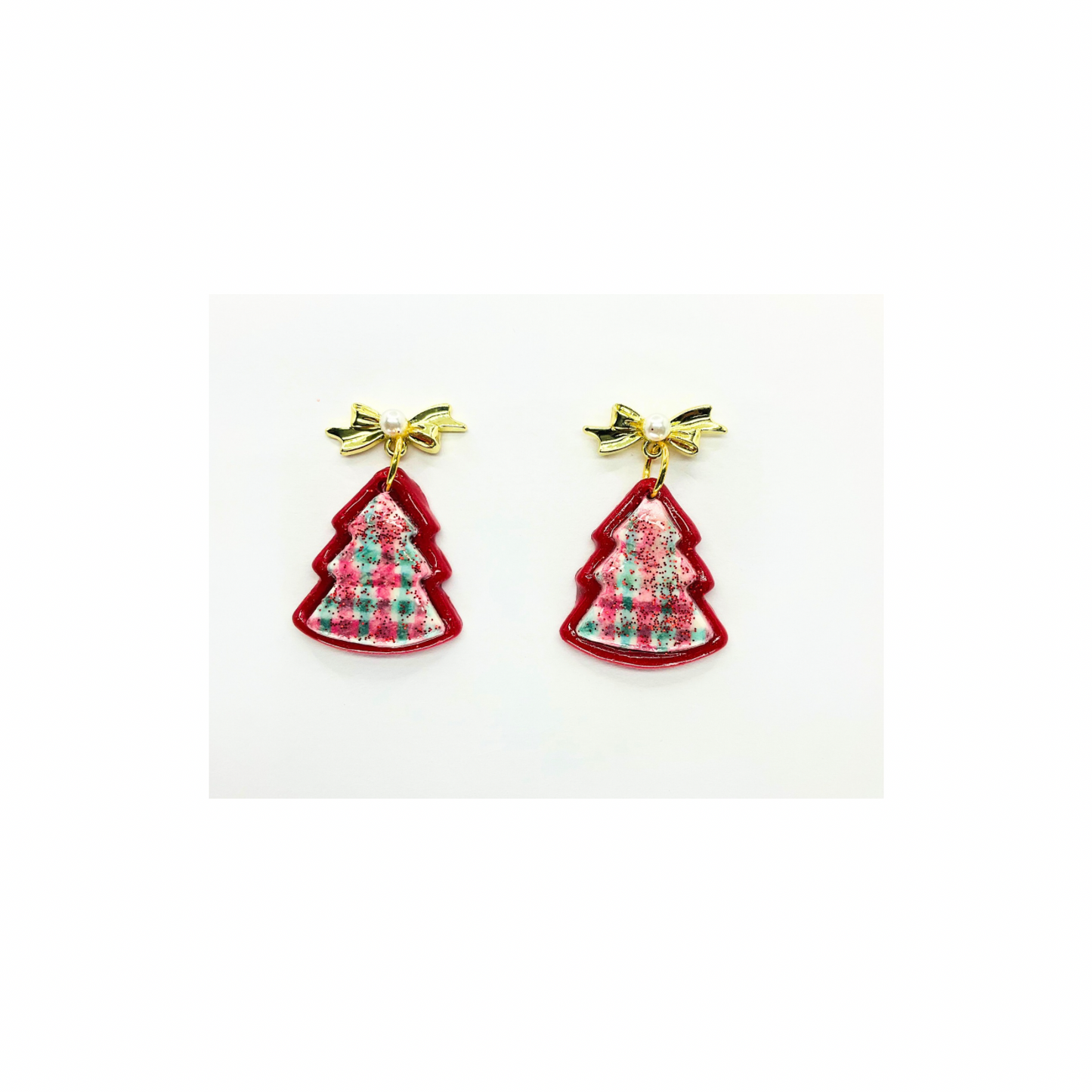 Sparkly Red Plaid Tree Dangle Earrings with Gold Bow Studs