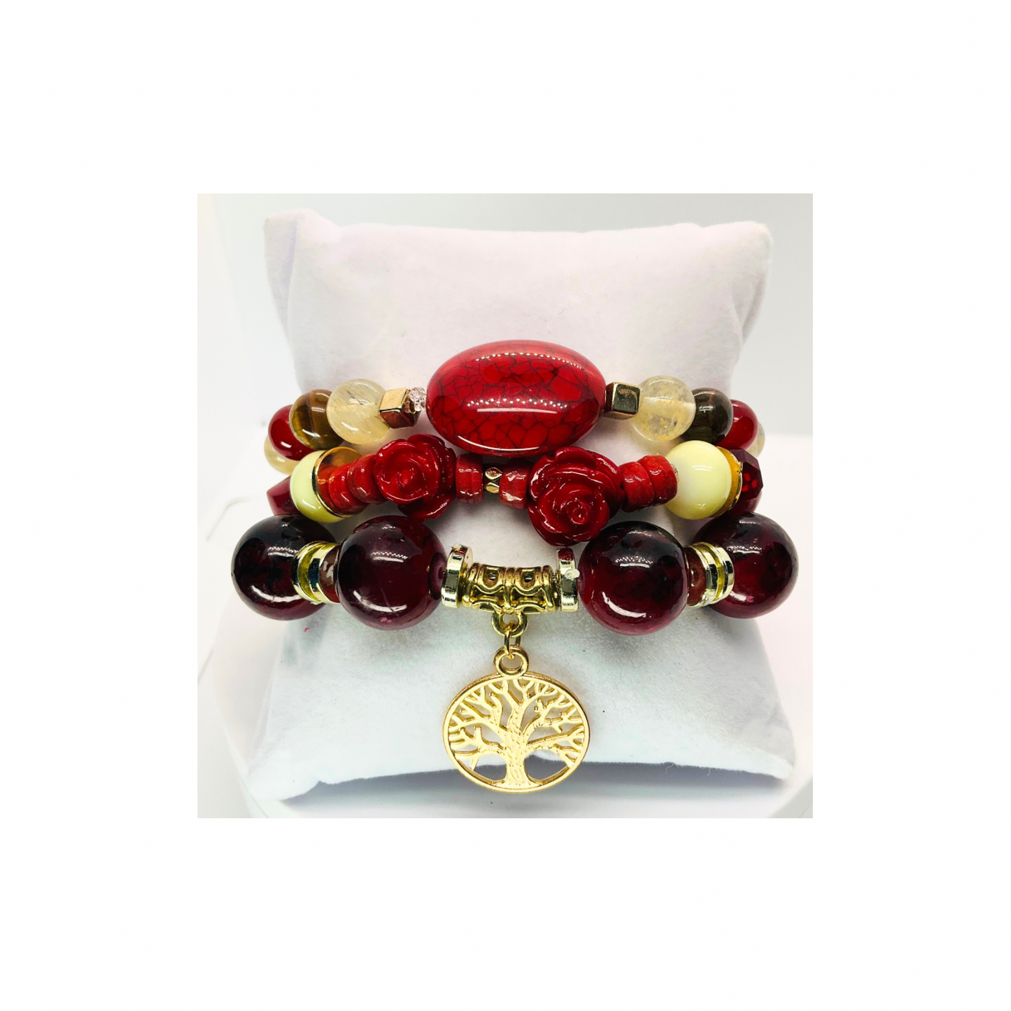 Red and Gold Set of Three Stretch Beaded Bracelets 7-inch Versatile Accessory for Everyday Wear or Special Occasions