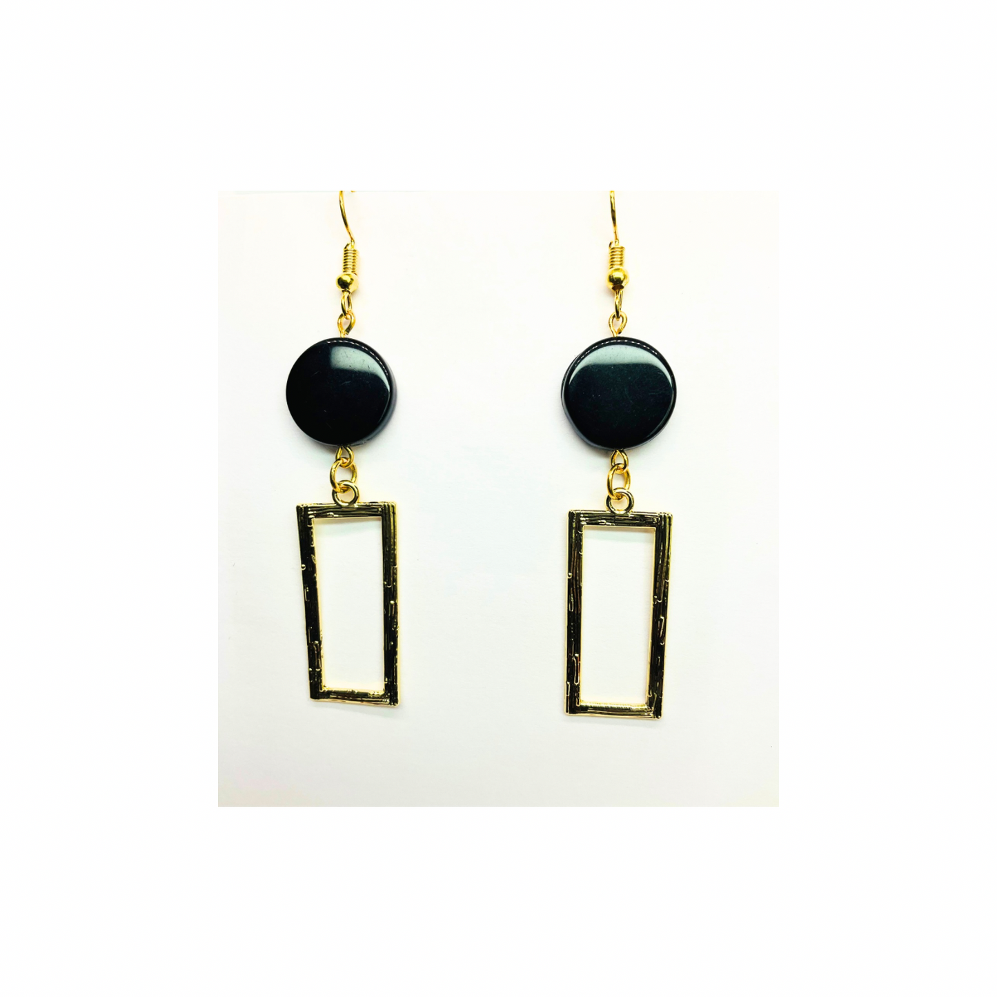Eclipse Collection Black Button Gold Rectangle Dangle Earring with Unique Design Elements for Women's Fashion Jewelry