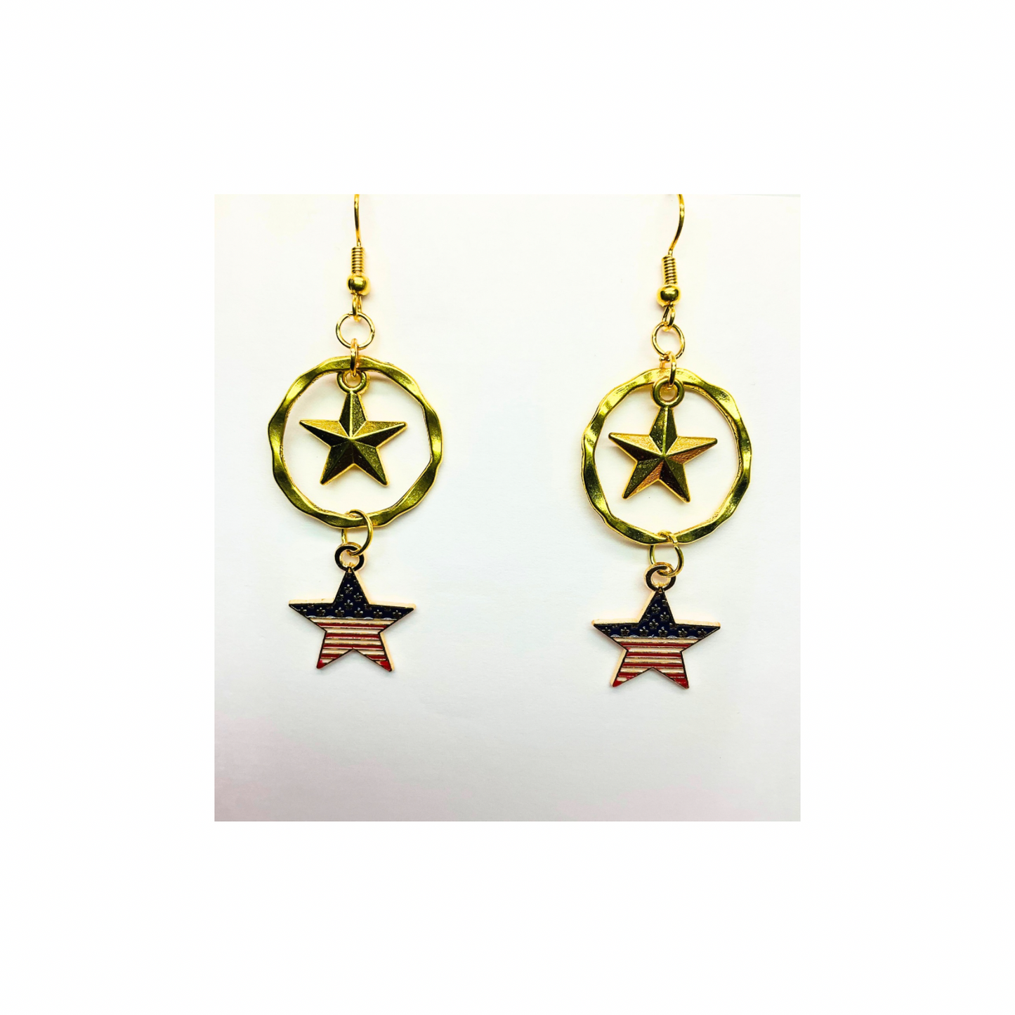Patriotic Collection Gold Circle with Star Charm Dangle Earrings American Flag Design