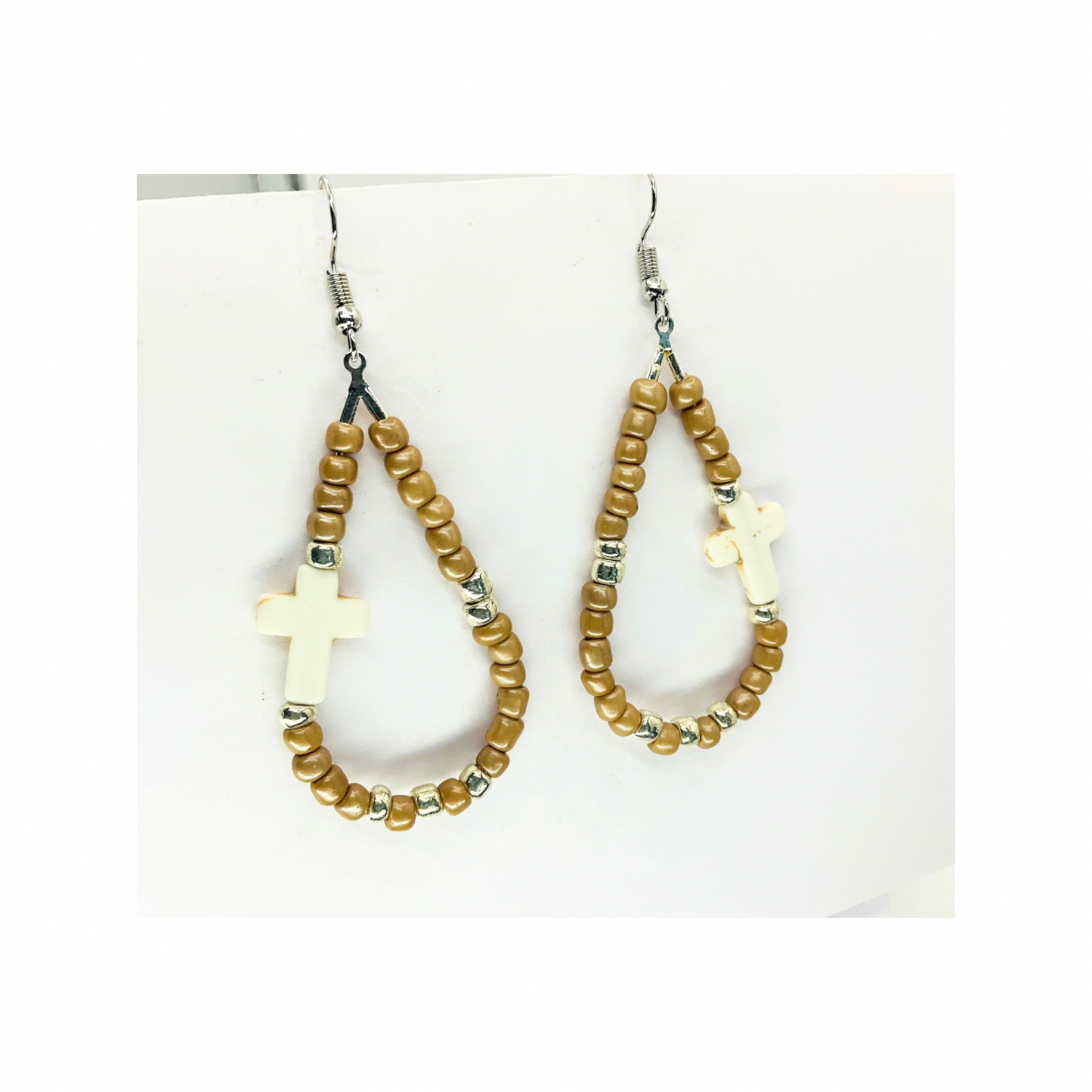 Tan Beaded Teardrop Dangle with Cream Cross, Boho Jewelry