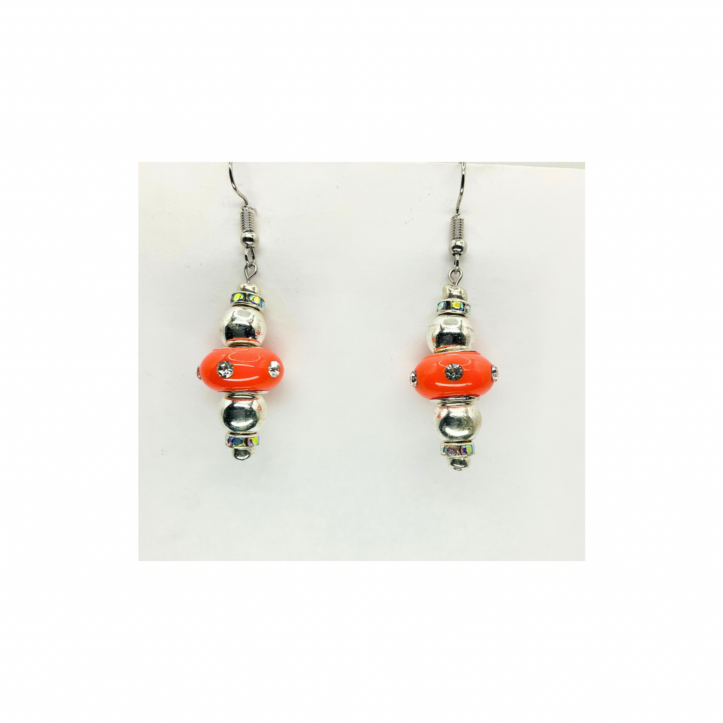 Orange Rhinestone Bead Dangle with Silver Bead Earrings