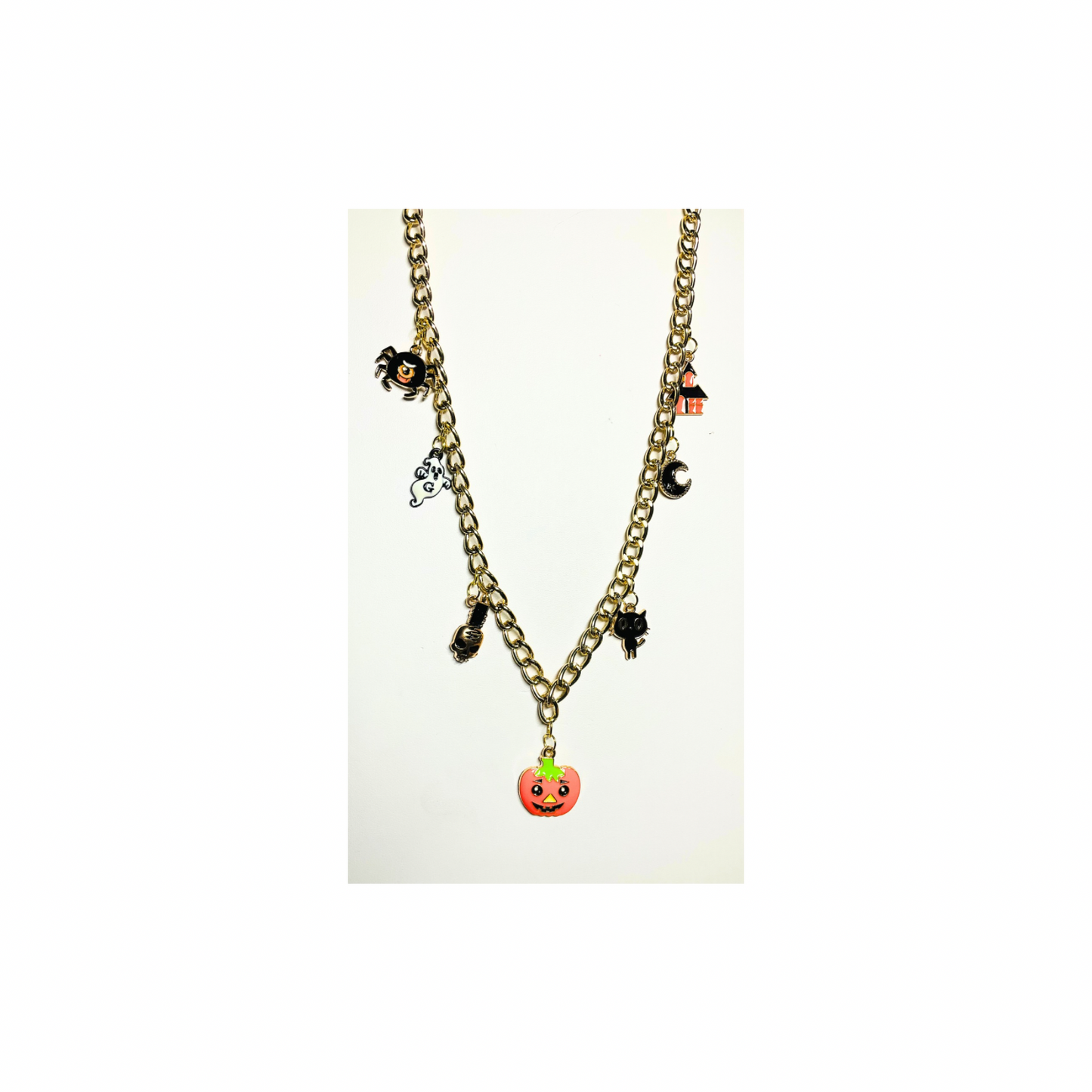 Fall Collection Halloween Gold 18-inch Cable Length Chain Charm Necklace with Pumpkin and Spider Charms