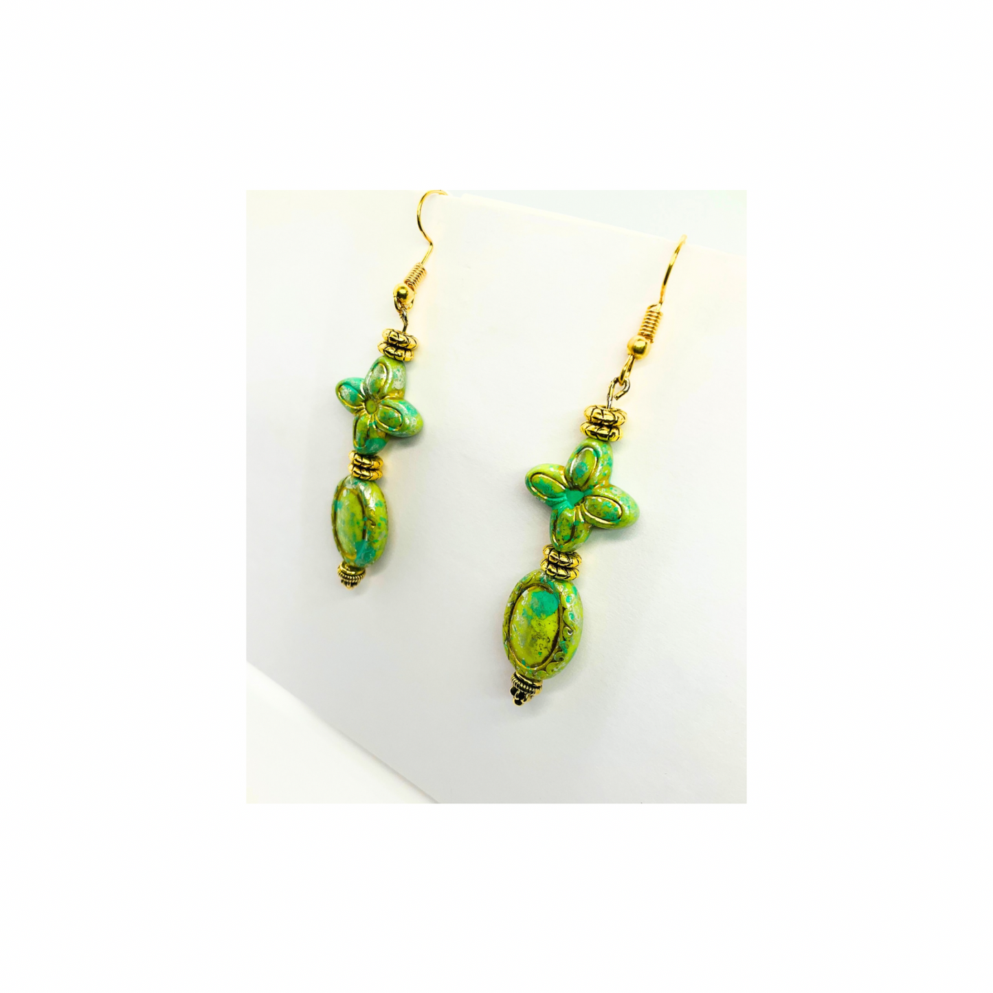 Green and Gold Czech Acrylic Vintage Blossom Bead Earrings