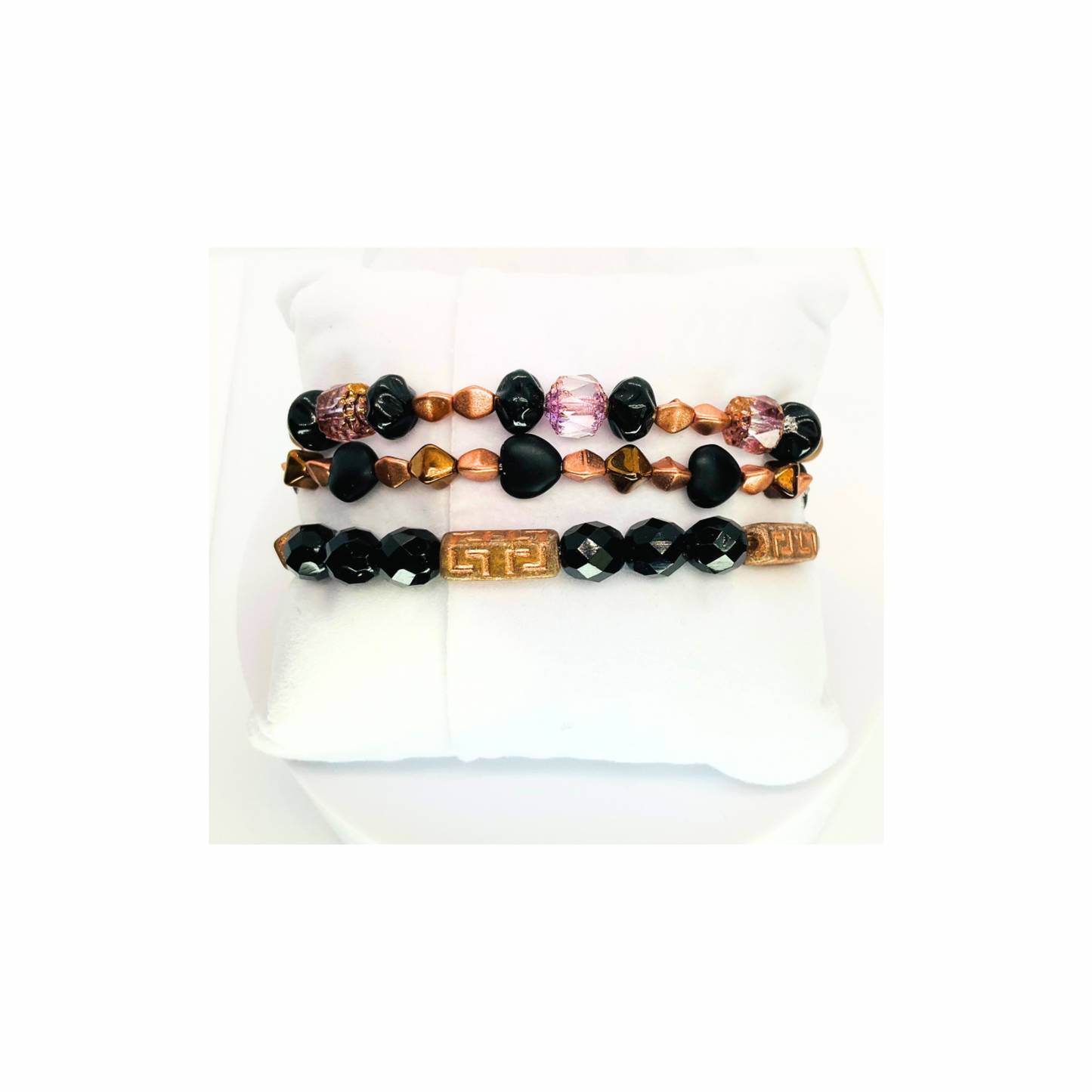 Black and Bronze Dragonfly Stretch Stacked Set of Three Bracelets with Unique Bead Designs and Adjustable Fit for Everyday Wear