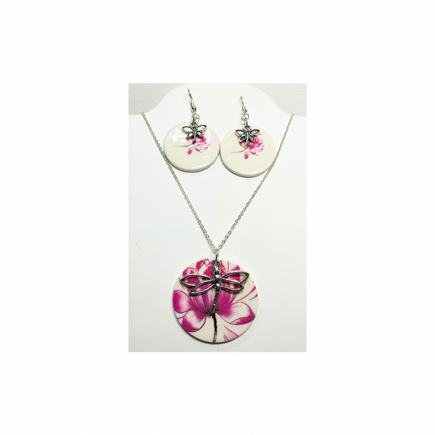 Lotus Flower Earrings and Pendant with Dragonfly Charms