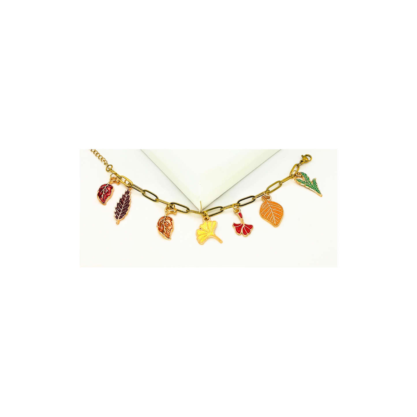 Fall Collection Charm 18-Inch Paperclip Necklace and Bracelet Set with Vibrant Leaf Charms for Seasonal Style