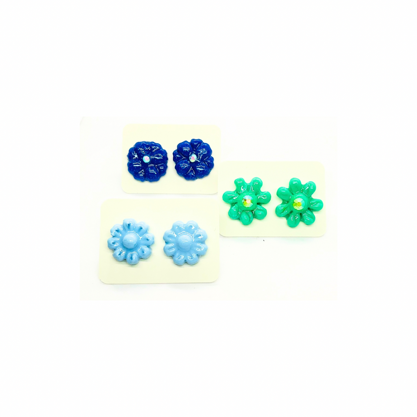 Stud Flower Earrings in Blue, Green and Navy Blue