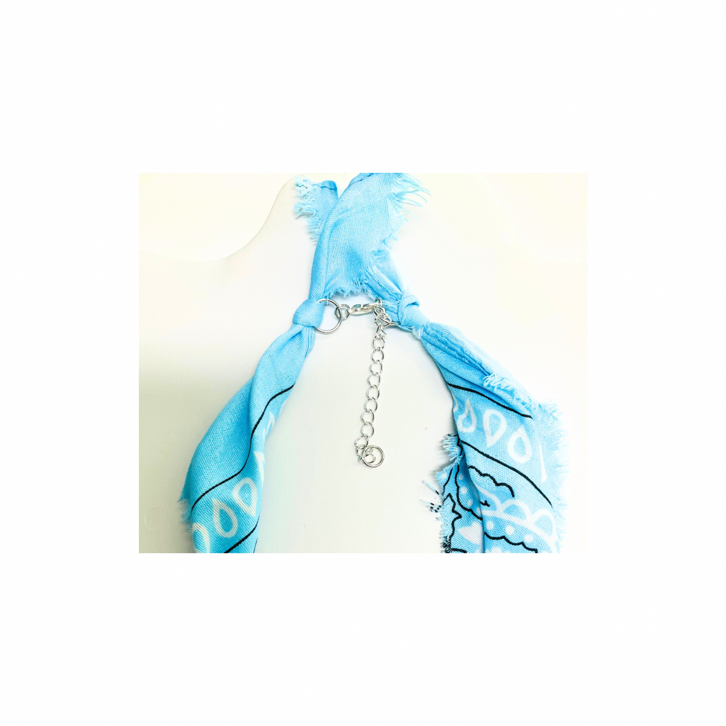 Western Style Blue 21 Inch Bandana Necklace with Silver Charms and Blue and Silver Wood Beads for Stylish Outfits