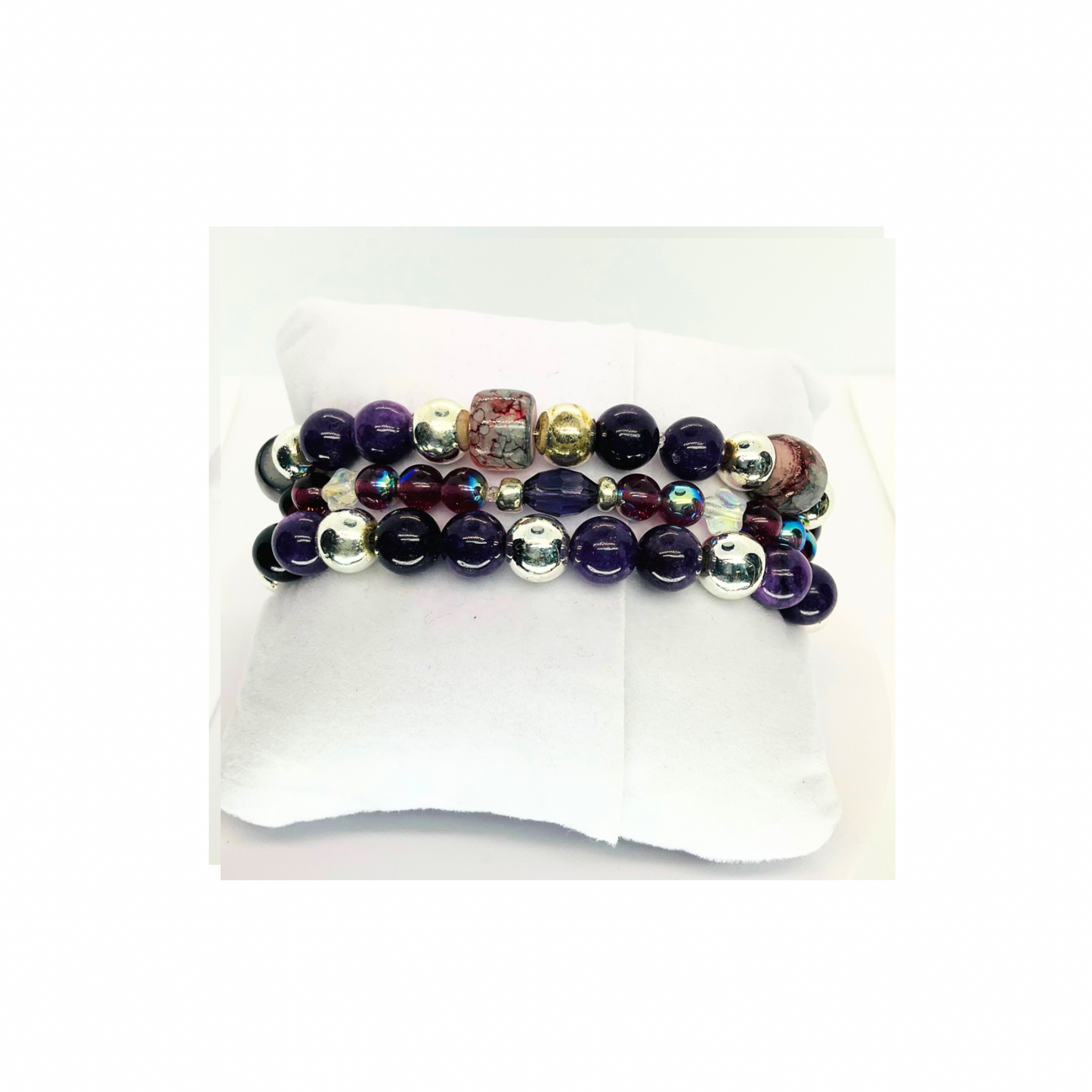 Eggplant Purple Stacked Stretch Set of Three Bracelets with Unique Beads & Floral Design for Everyday Wear