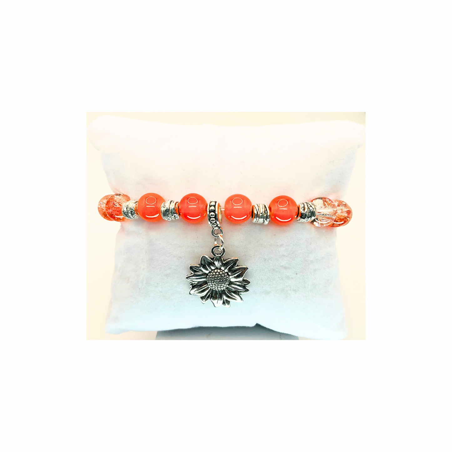 Tangerine and Silver Stretch Bracelet with Silver Sunflower Charm-Crafting By BB
