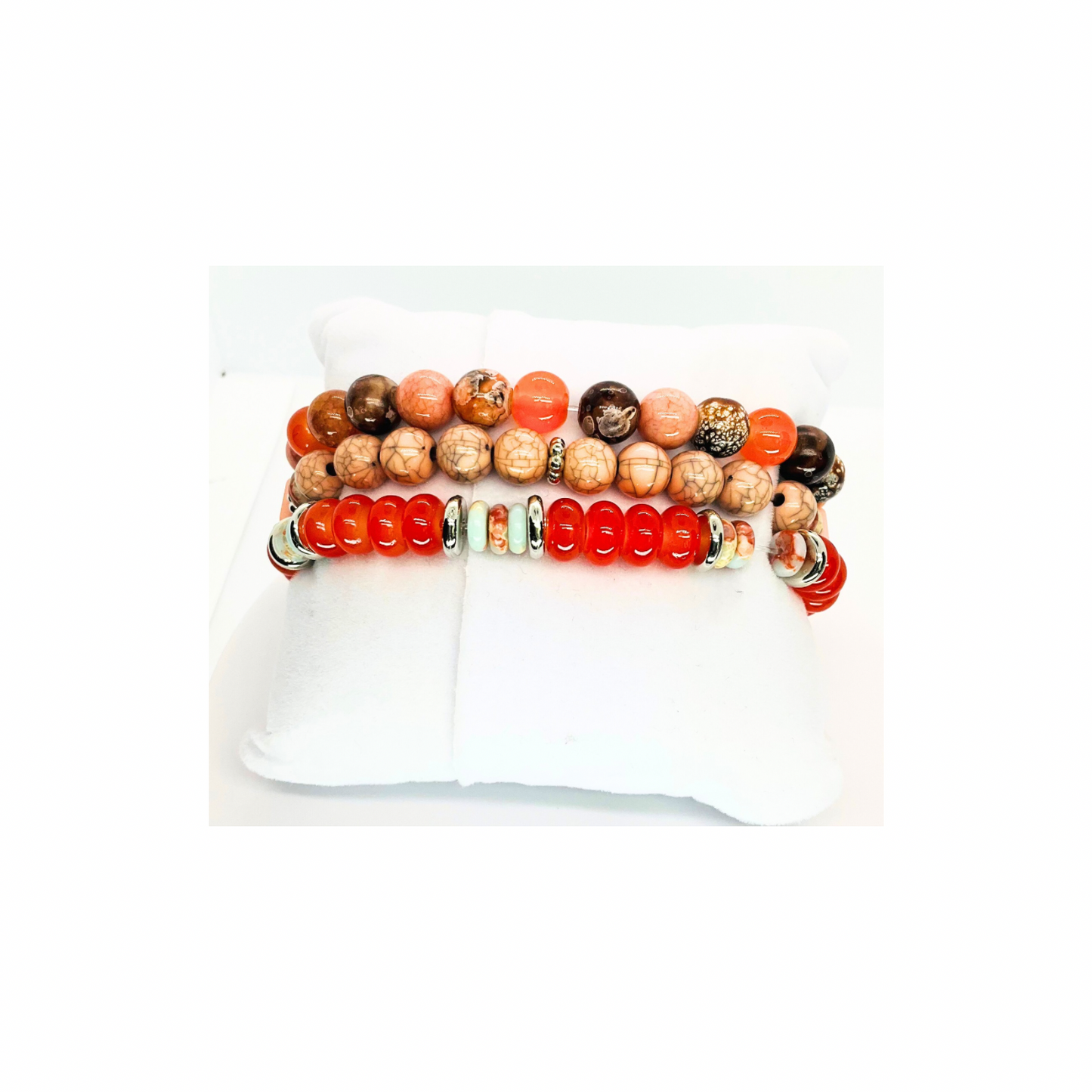 Coral Stacked Stretch Beaded Set of Three Bracelets with Natural Coral Beads for Stylish and Comfortable Wear