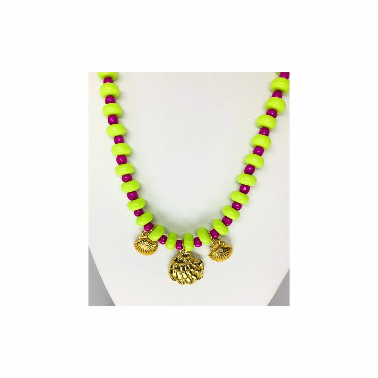 Lime Green and Hot Pink Beaded Necklace with Gold Shell Charms | 18-inch | Crafting By BB