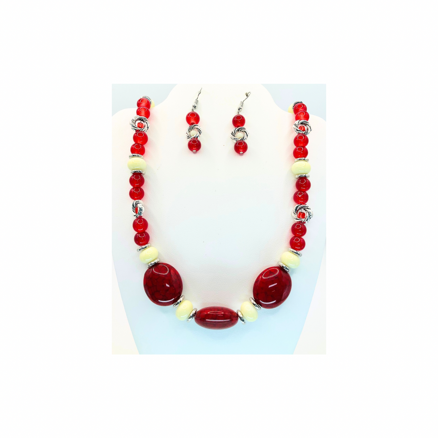 Crimson Red and Cream Beaded Necklace with Dangle Earring Set for Women's Fashion Jewelry