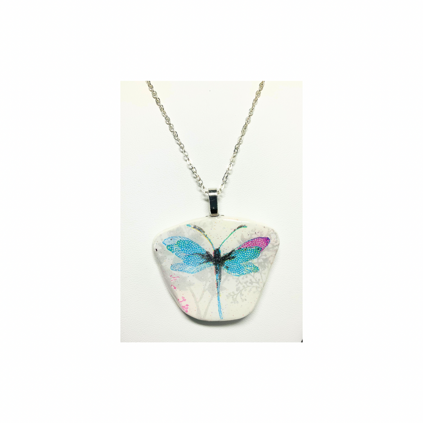 Dragonfly Blue and Pink Pendant Necklace 18-inch Silver Chain Necklace with Colorful Dragonfly Design