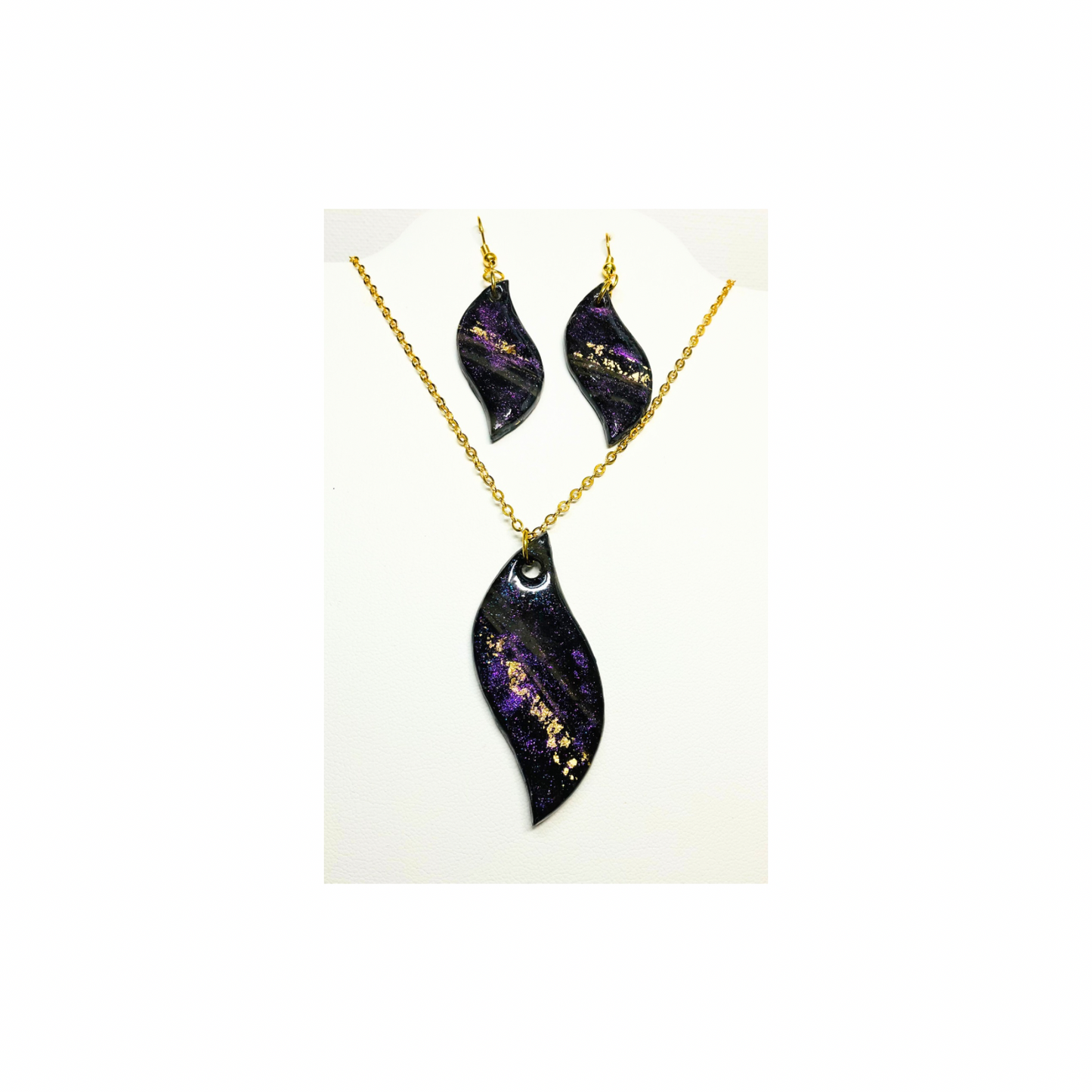 Purple Swirl Earring Set Handcrafted Polymer Clay Pendant & Earrings Gold Leaf Accents