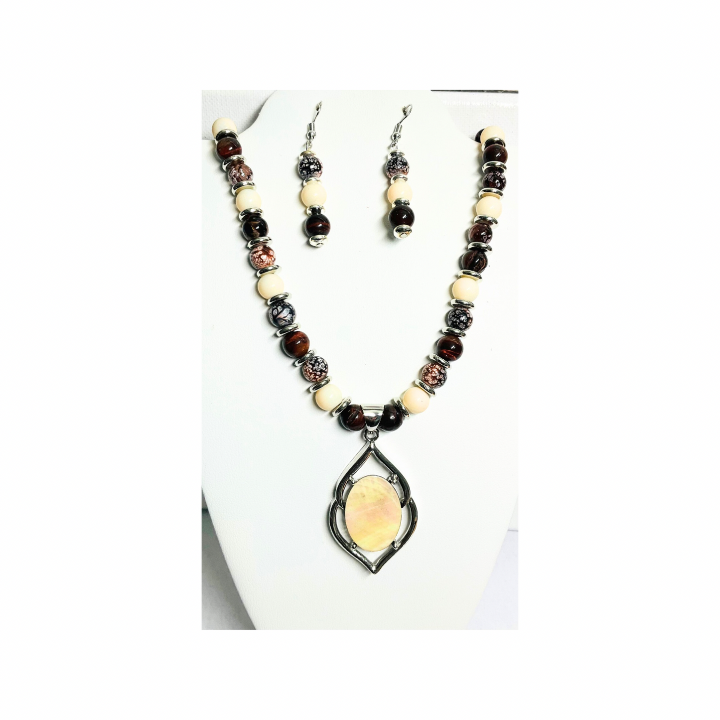 Beaded Necklace and Dangle Earring Set: Mother of Pearl Pendant