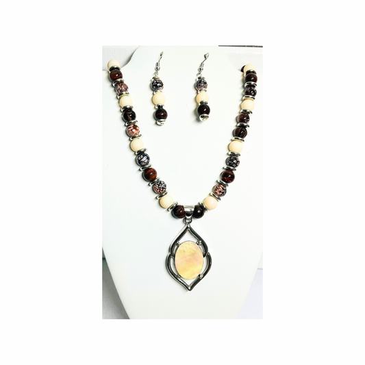 Beaded Necklace and Dangle Earring Set: Mother of Pearl Pendant