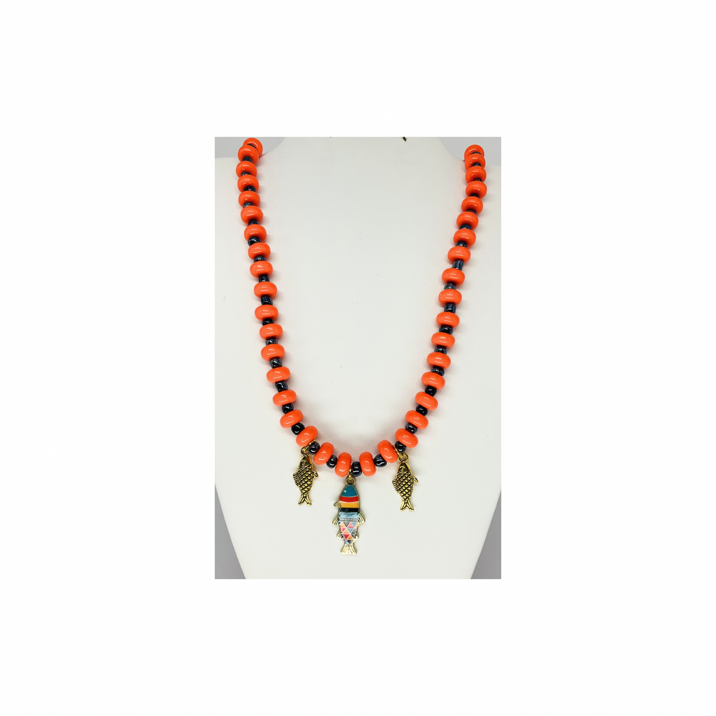 Orange and Dark Navy Beaded Fish Necklace | 18-inch | Crafting By BB