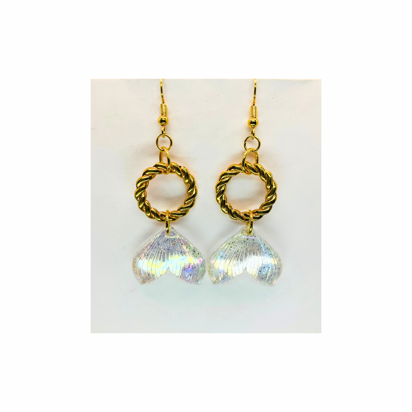 Mermaid Iridescent Tail Earrings with Gold Rope Circle Dangle