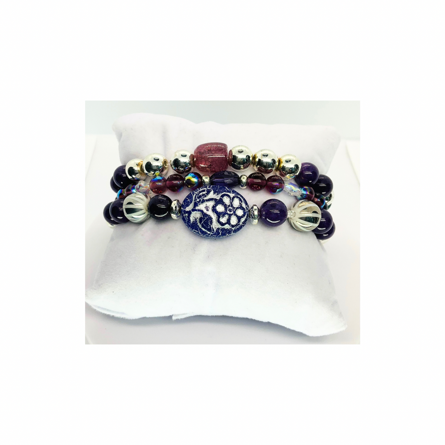 Eggplant Purple Stacked Stretch Set of Three Bracelets with Unique Beads & Floral Design for Everyday Wear