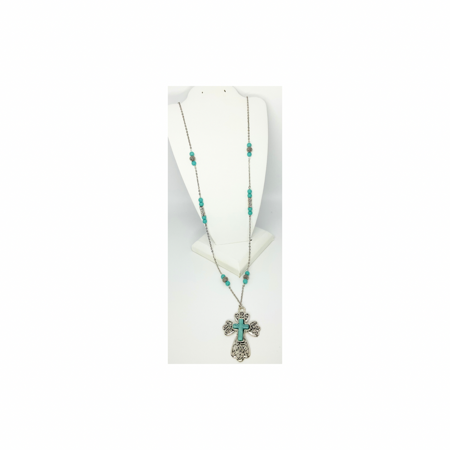 Long Turquoise and Silver Cross Necklace|Drop Length 18-inch|Crafting By BB