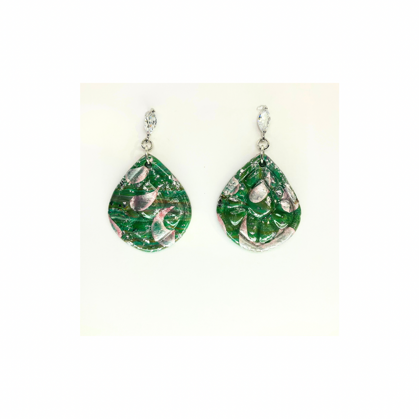 Green Silver Sparkle with Pearl Pink on Rhinestone Stud Dangle Earring for Adults Sparkly Teardrop Design