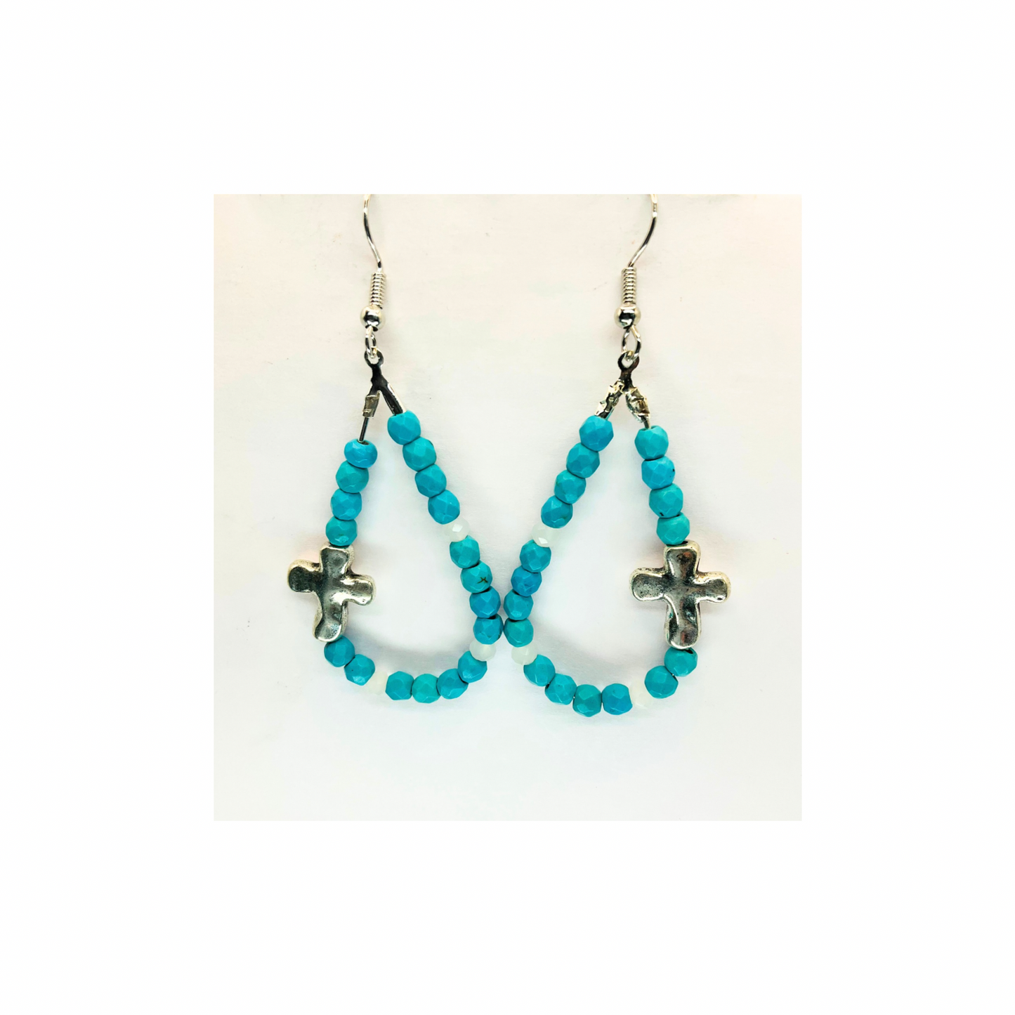 Turquoise Teardrop Dangle Earring with Silver Cross