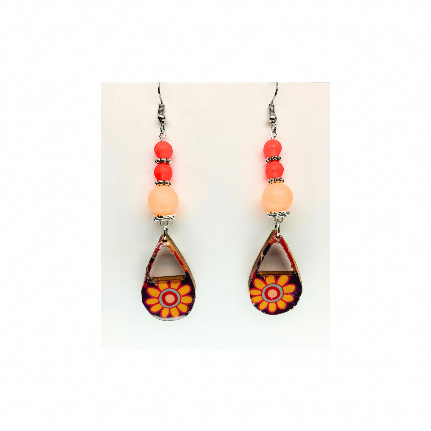 Bohemian Style Dangle Earring Handmade Wood Teardrop Decoupage Retro Paper Beads Orange & Silver Ear Wire Unique Artisan Jewelry