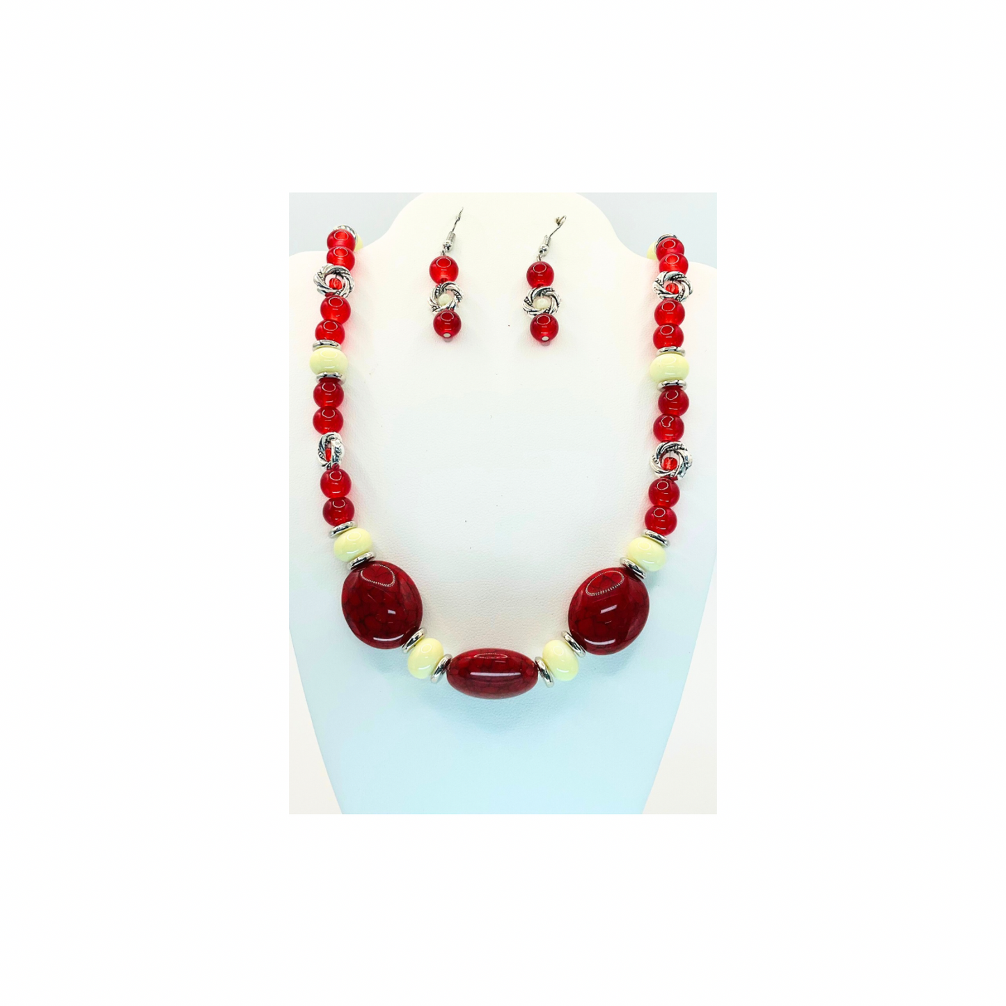 Crimson Red and Cream Beaded Necklace with Dangle Earring Set for Women's Fashion Jewelry