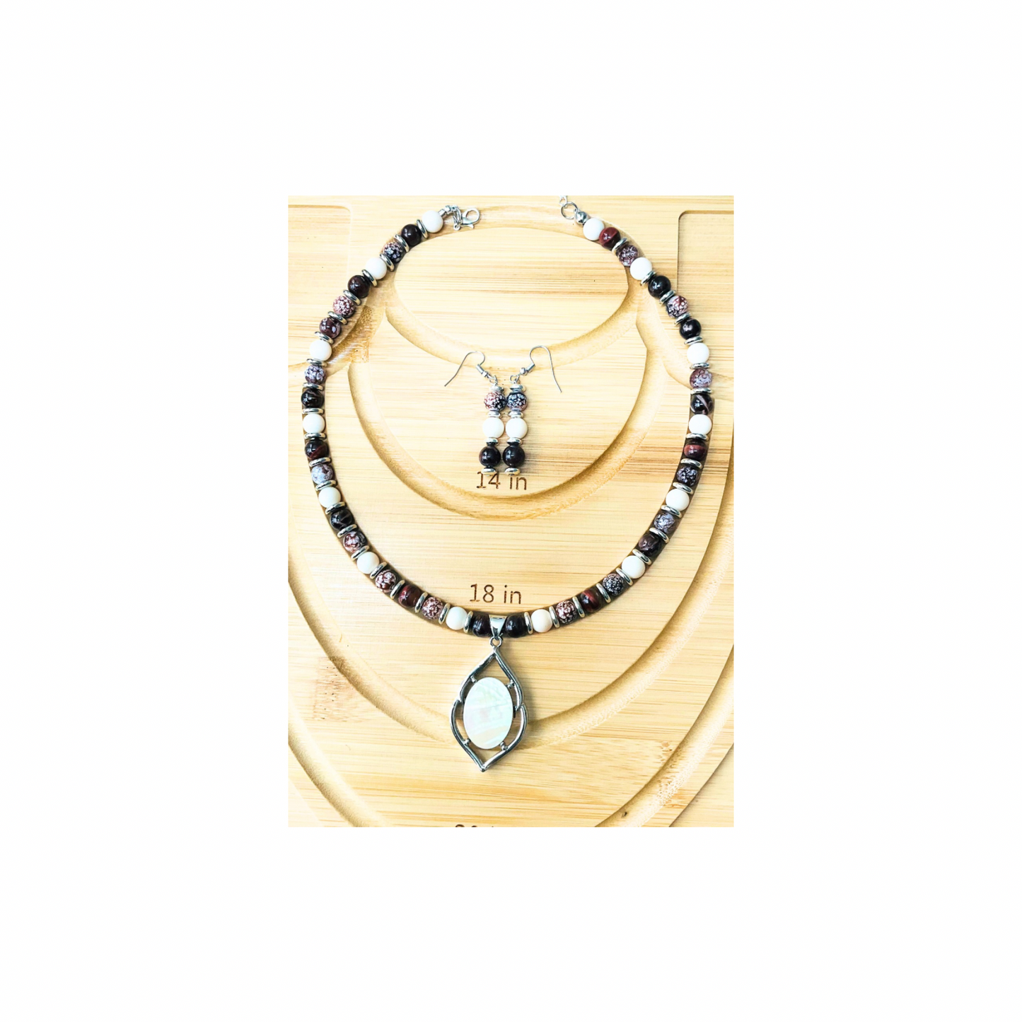 Beaded Necklace and Dangle Earring Set: Mother of Pearl Pendant