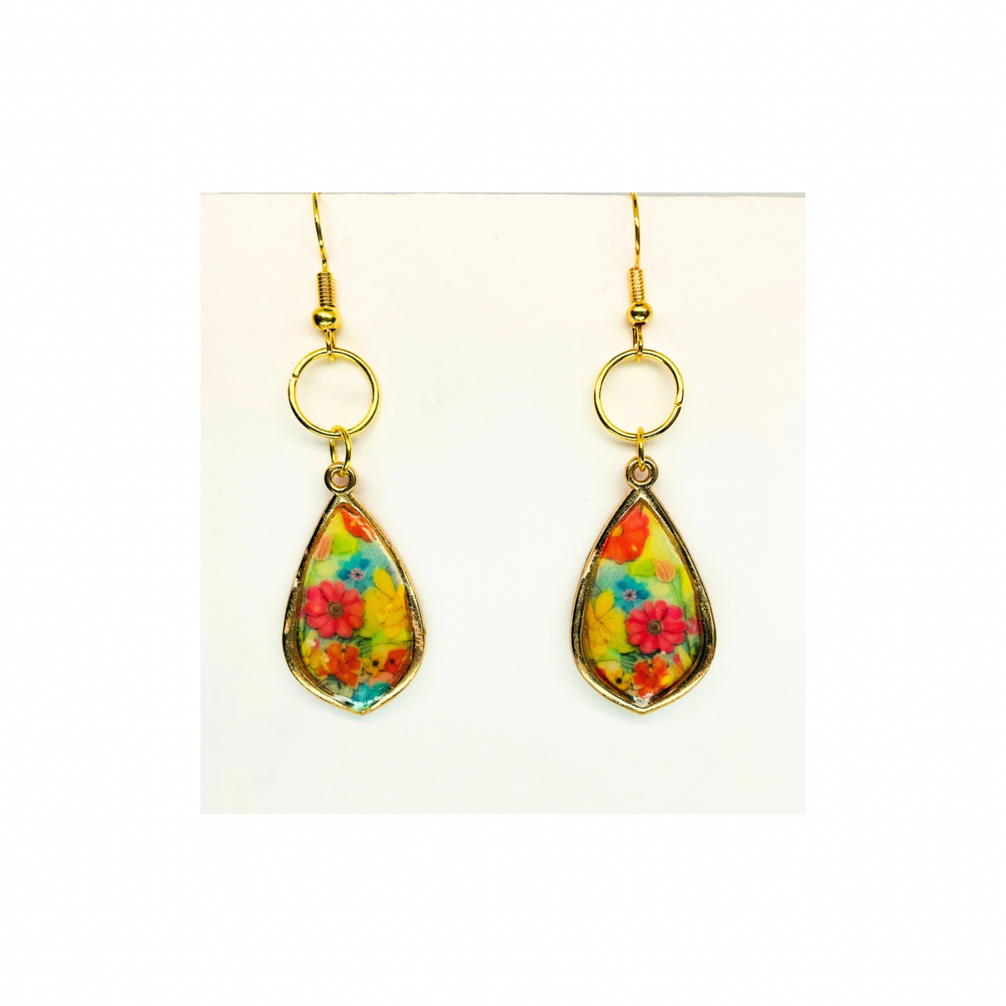 French Garden Collection Gold Teardrop Floral Dangle Earring with Vibrant Multicolor Flowers and Elegant Gold Finish