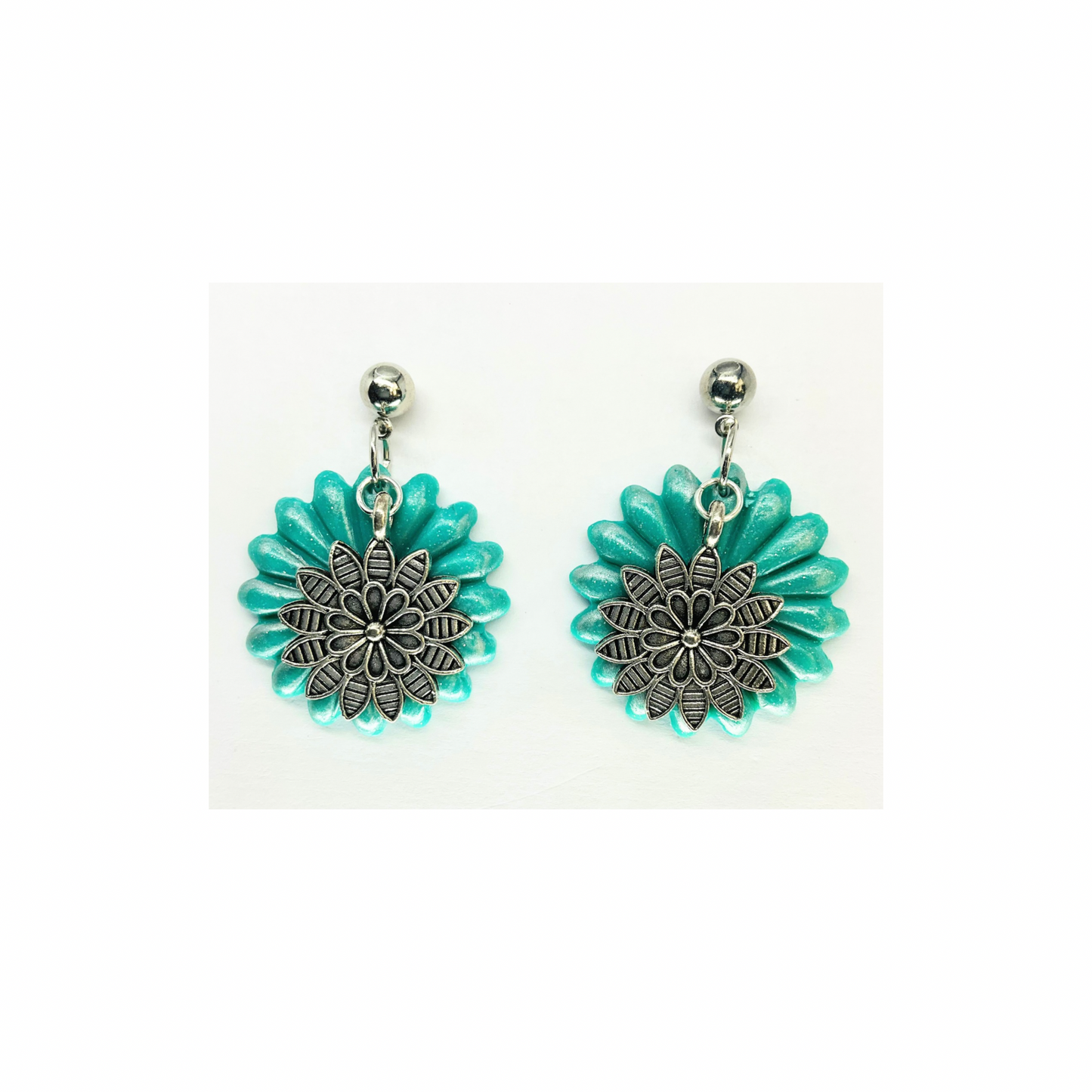 Turquoise Flower Dangle with Silver Flower Charm on Ball Silver Ball Stud Earrings-Crafting By BB
