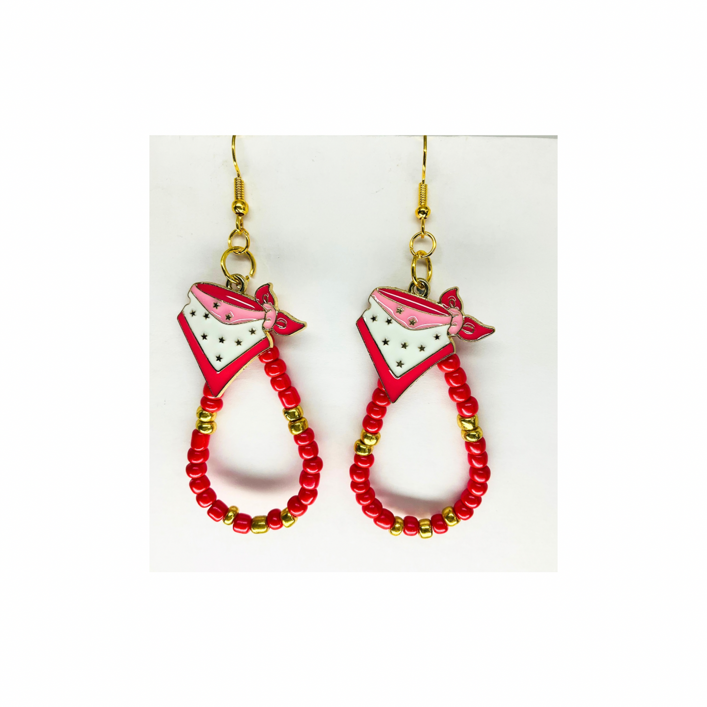 Teardrop Watermelon Pink and Gold Beads with Bandana Charm Earrings
