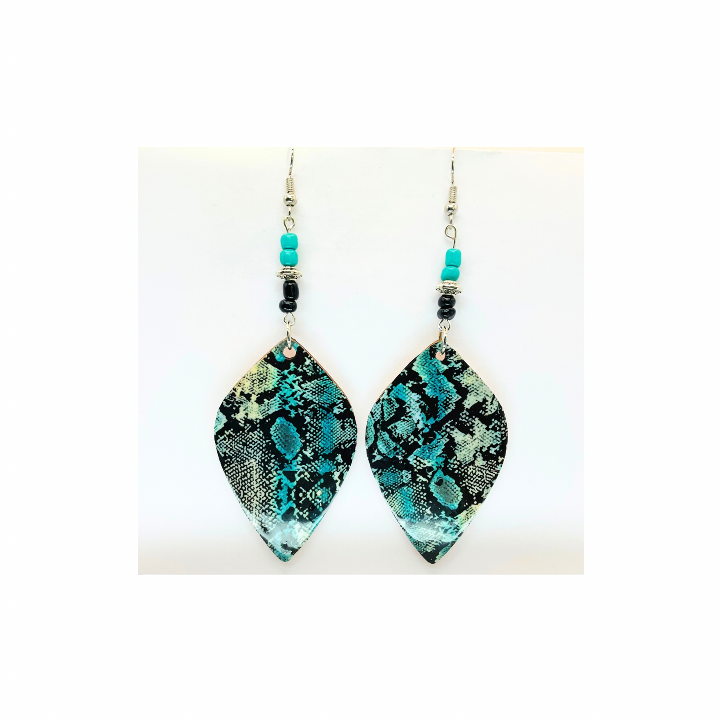 Turquoise and Black Snake Skin Lightweight Wood Dangle Earrings